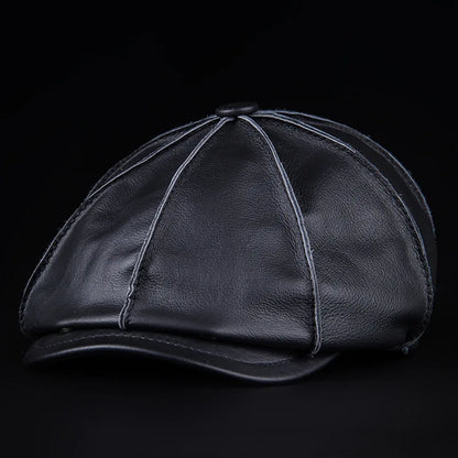 Men's Genuine Leather Warm Octagonal Cap Elegant Adjustable Newsboy Beret
