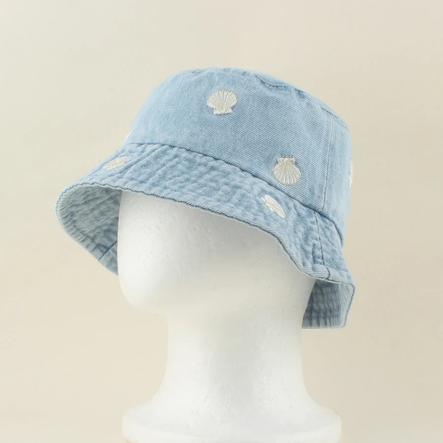 2026 Baby Cute Shell Starfish Crab Embroidery Denim Bucket Hat For Kids