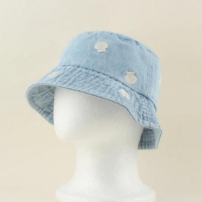 2026 Baby Cute Shell Starfish Crab Embroidery Denim Bucket Hat For Kids