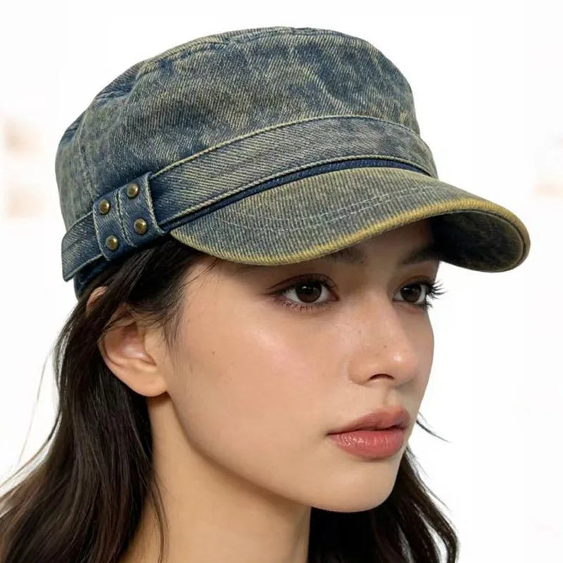 High-Quality Vintage Studded Washed Denim Baseball Cap