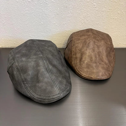 American Retro Leather Plain Baker Boy Hat For Women Autumn Winter Unisex Beret