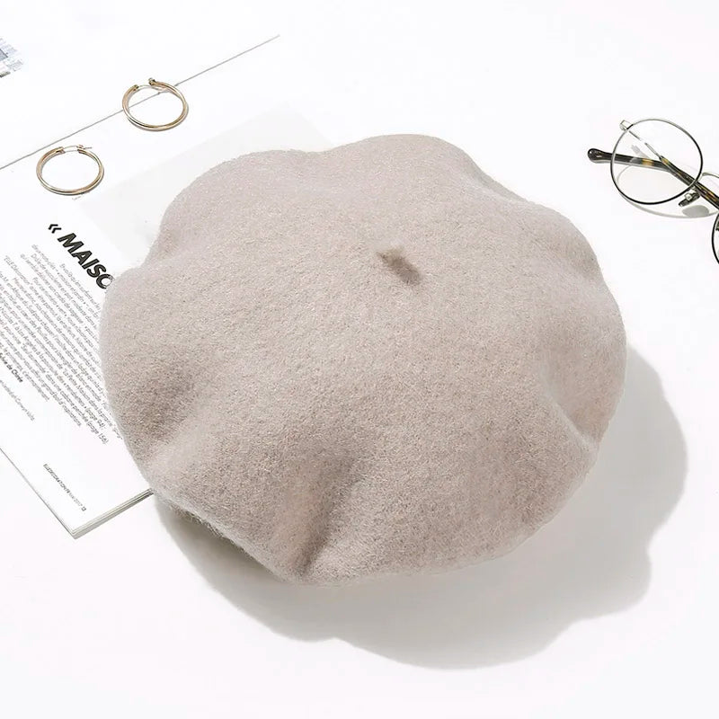 Wool Beret Hat Women Winter Thick French Hat Girls Solid Color Autumn