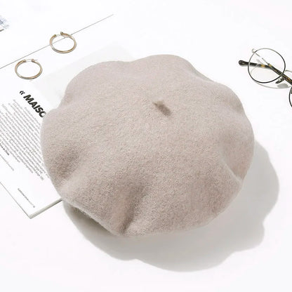 Wool Beret Hat Women Winter Thick French Hat Girls Solid Color Autumn