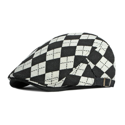 Spring Fall Men's Beret Hat Retro Plaid Herringbone Cap Forward Flat Peaked Cap