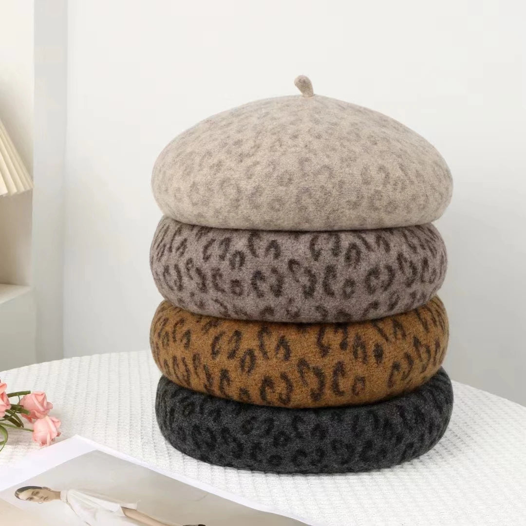 New 4 Colors Leopard Winter Beret Female Cap