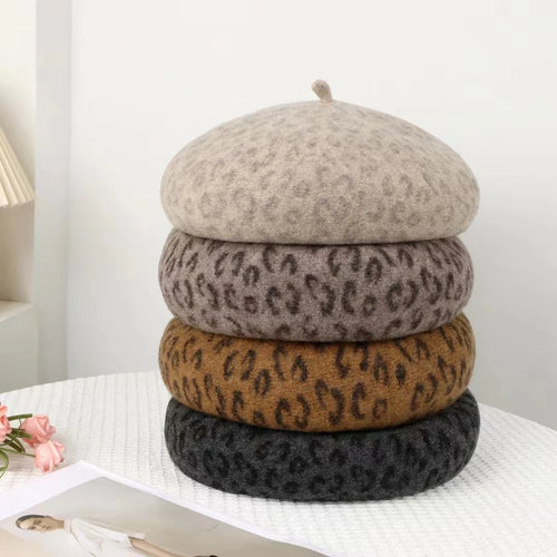New 4 Colors Leopard Winter Beret Female Cap
