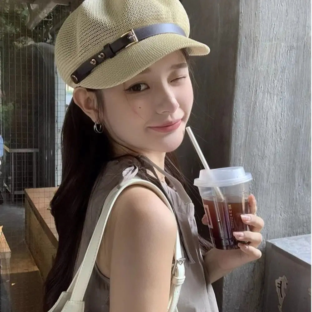 New Breathable Women's Beret Knitted Hollow Mesh Octagonal Hat