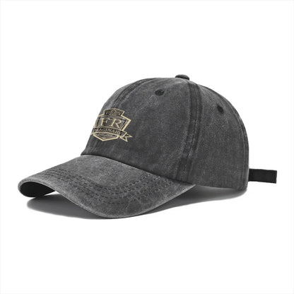 Vintage Washed Baseball Cap Unisex Distressed Snapback Hat Grey Gold Embroidered Shield Adjustable Hat