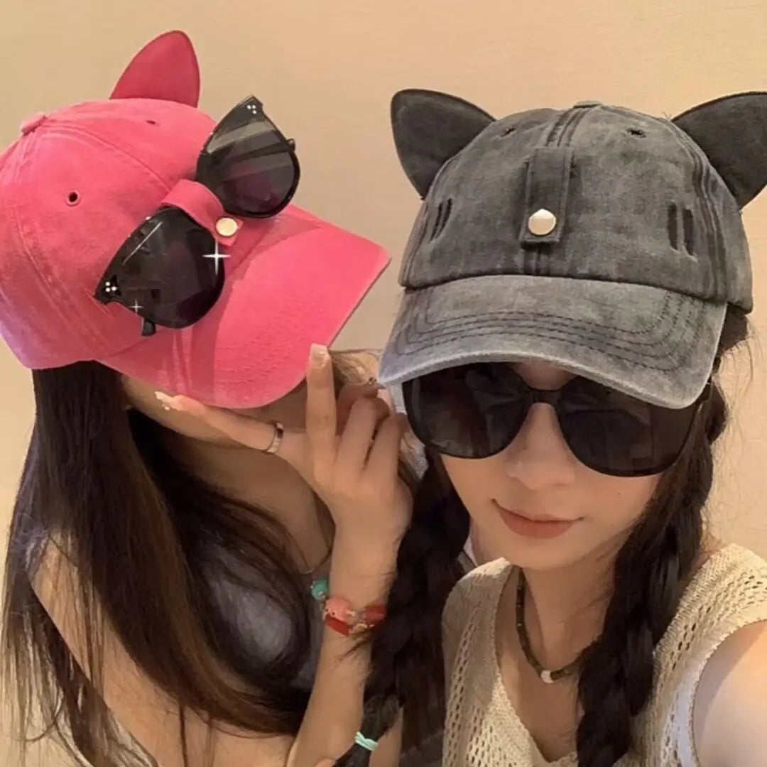 Cat Ears Sunglasses Baseball Cap Y2K Cotton Washed Women And Men