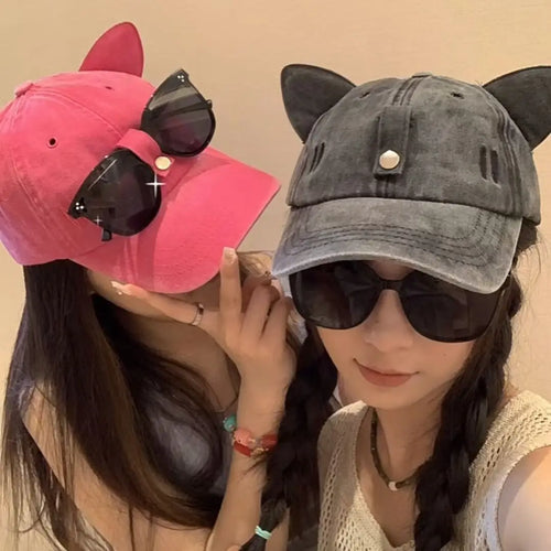 Cat Ears Sunglasses Baseball Cap Y2K Cotton Washed Women And Men
