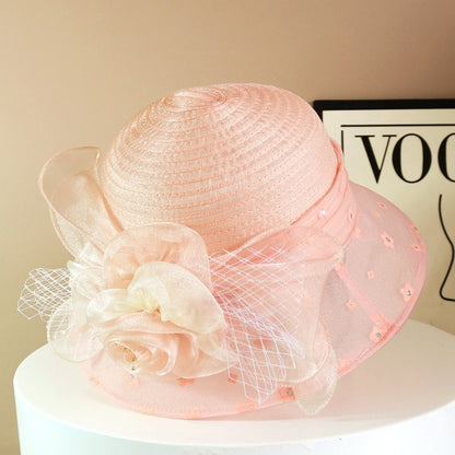 Fashion Hat Women Top Hat Elegant Organza Flower Wide Brim Sun Hat