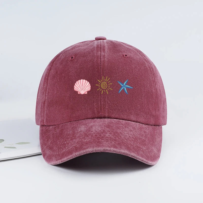 Washed Baseball Cap With Shell Sun Starfish Print Adjustable Curved Brim Hat Retro Beach Vibe Casual Wear