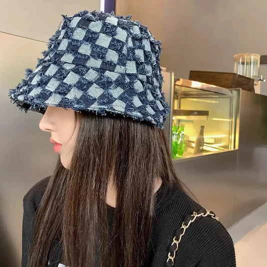 Hairy Checkered Denim Hat for Female Niche