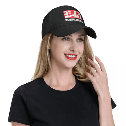 Yoshimura Motorcycle Racing Black Baseball Hat with Bold Red & White Logo, Perfect for Sports Fans