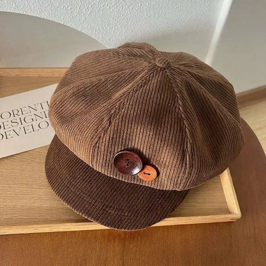 Vintage Corduroy Beret Hat For Women Korean Button Octagonal Cap