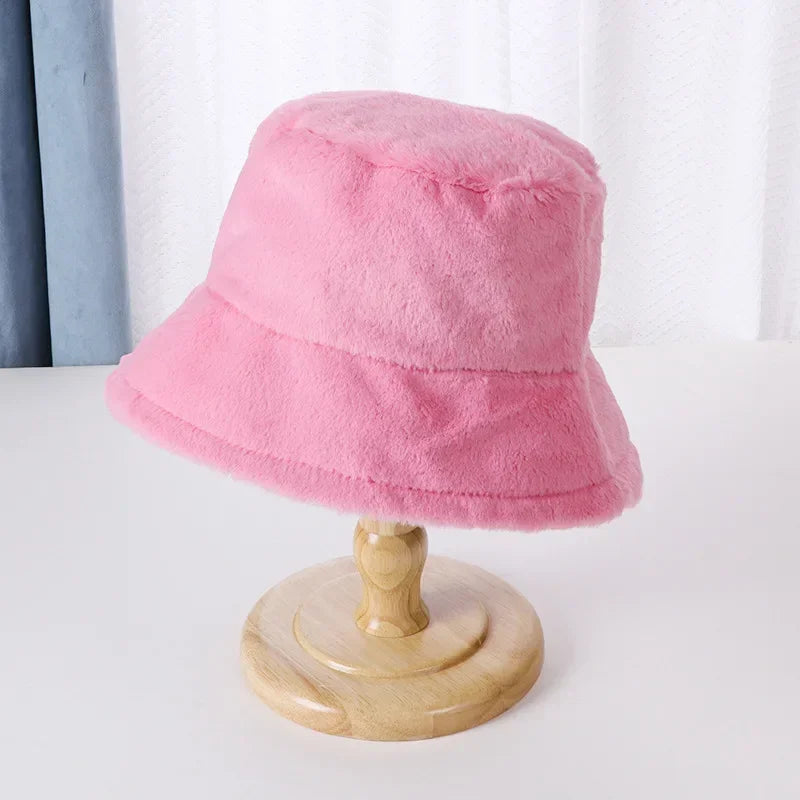 Winter Rabbit Plush Fisherman Hats Women Girl Bucket Hat