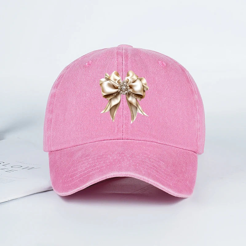Satin Bow Print Washed Baseball Cap
