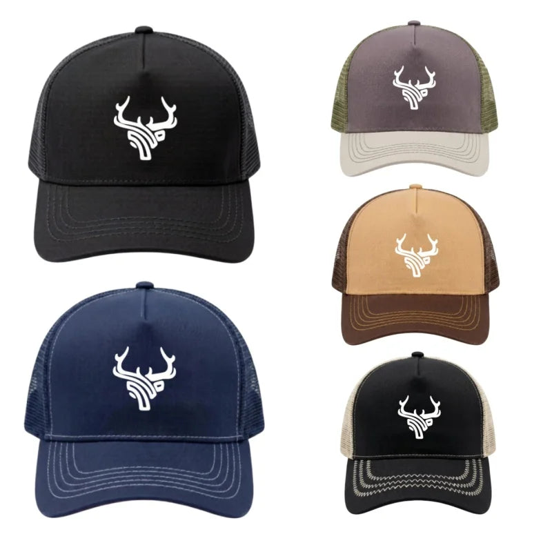 Deer Head Antlers Printed 5 Panel Trucker Mesh Hat