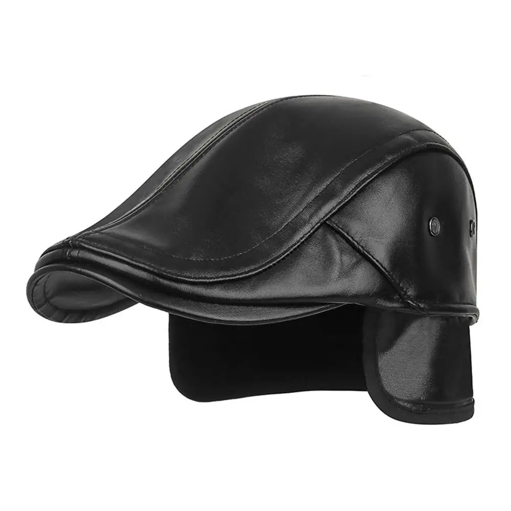 Men Retro Leather Newsboy Caps Autumn Winter Visor Beret Thicken Warm Hat