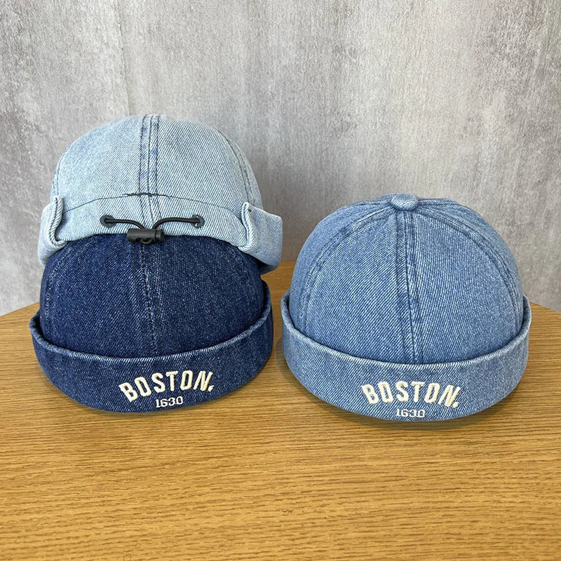 Washed Denim Baby Brimless Hat Retro Letter Embroidered Melon Cap For Kids