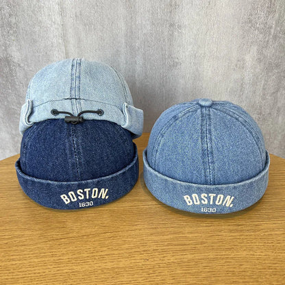 Washed Denim Baby Brimless Hat Retro Letter Embroidered Melon Cap For Kids