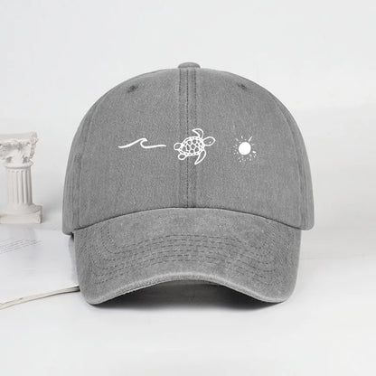 Retro Washed Baseball Cap With Wave Turtle and Sun Print Unisex Adjustable Dad Cap Summer Beach Sun Hat