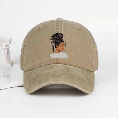 Vintage-Washed Baseball Cap with African Queen Print