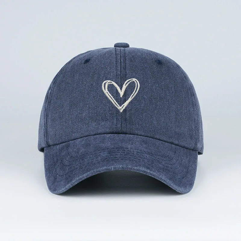 Y2K Style Heart Embroidered Baseball Cap Vintage Washed Distressed Dad Cap Breathable Adjustable Sun Hat