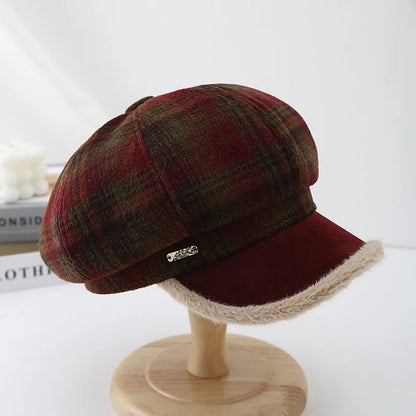 Vintage Plaid Octagonal Beret Women Autumn Winter Hats