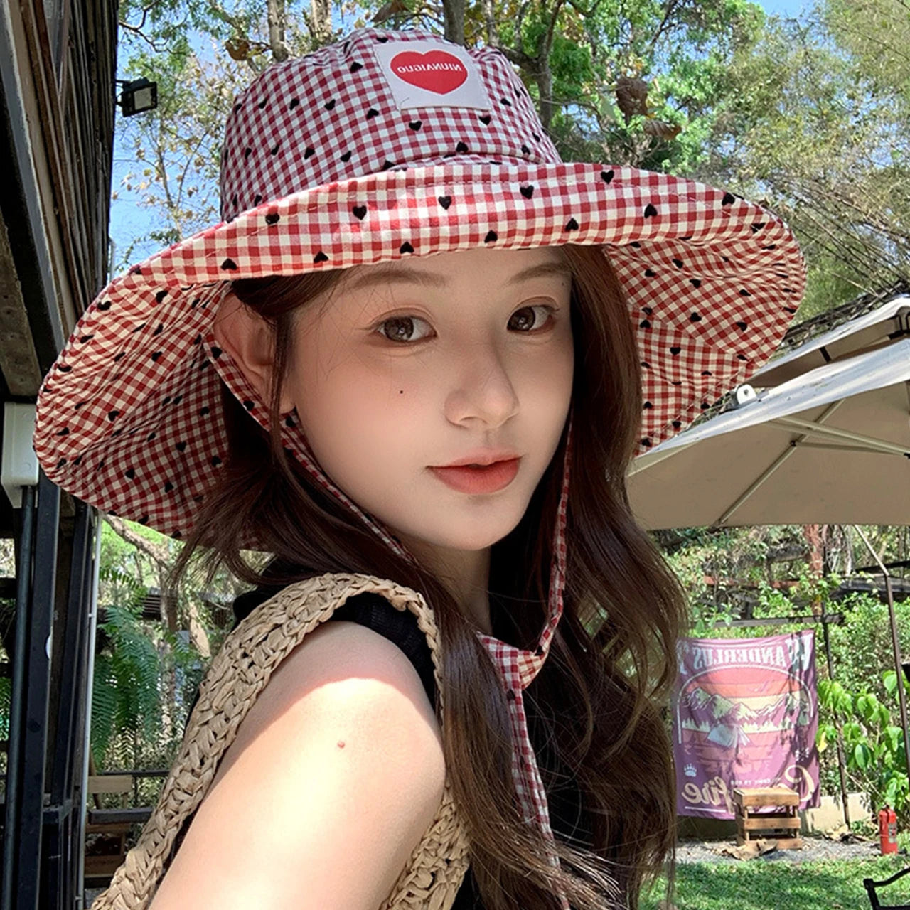 Black Heart Plaid Fisherman Hat For Women