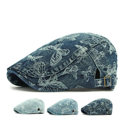 Fashion Washed Denim Beret Vintage Butterfly Cowboy Forward Hat