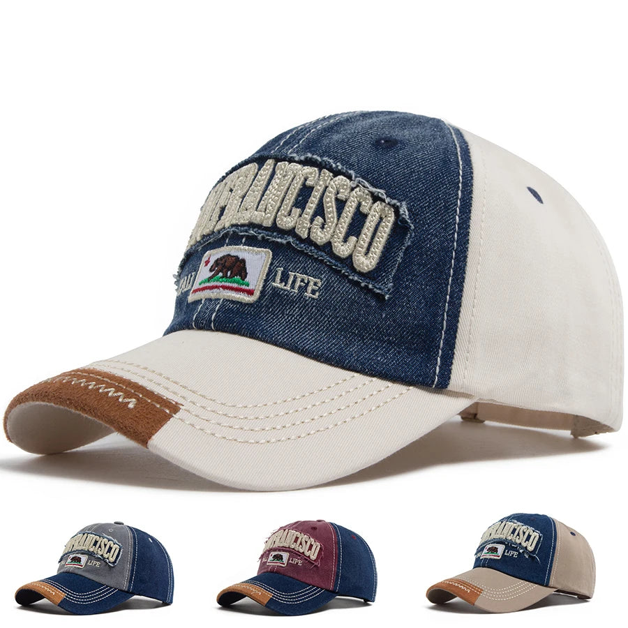 California Bear Baseball Cap Men Women Washed Denim Retro