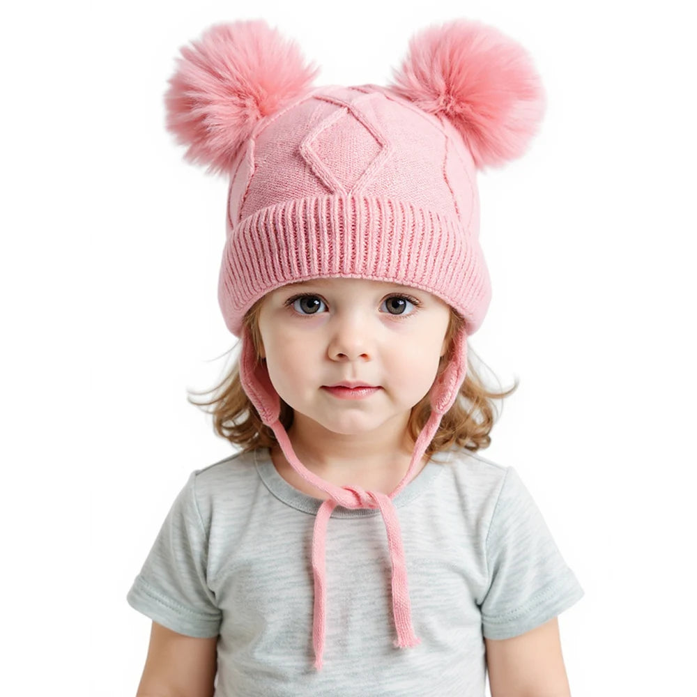 New Autumn Winter Double Ball Knitted Baby Hat For Girls Boys Baby, Ear Protection Hat