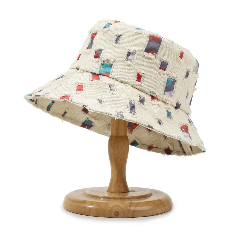 Fashion Women Men Washed Denim Ripped Bucket Hats