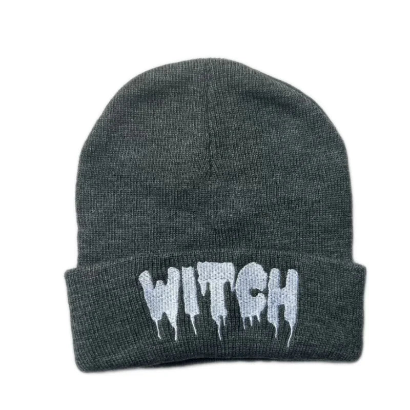 Halloween Witch Embroidered Beanie, Unisex Knit Winter Hat