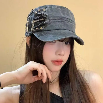 Casual Cloth Rivet Denim Beret Spice Girls Zippers Metal Rivet Flat Top Hat