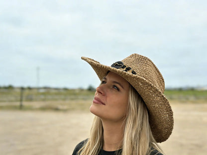 Y2K Leopard Band Straw Cowboy Hat, Retro Western Wide Brim Sun Hat