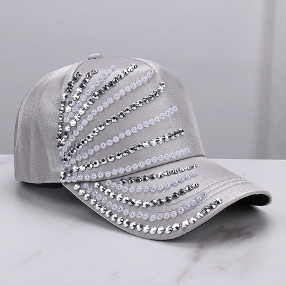 Satin Imitation Pearl Rhinestone Breathable Baseball Cap