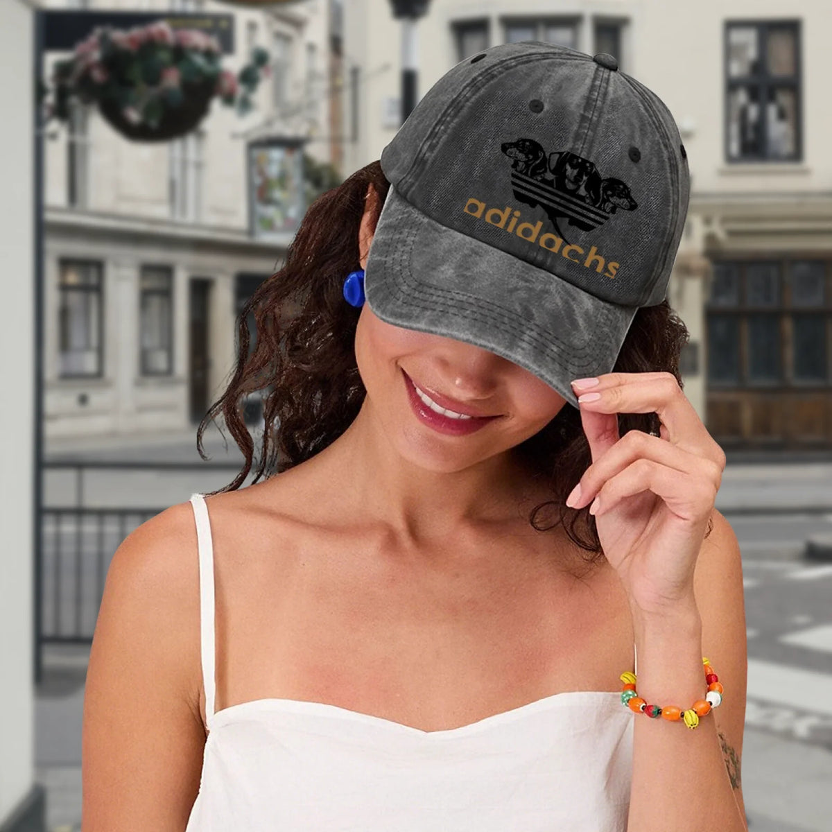 Vintage Washed Baseball Cap Unisex Distressed Snapback Hat Grey Dachshund Dog Graphic Embroidery Adjustable Dad Hat Streetwear