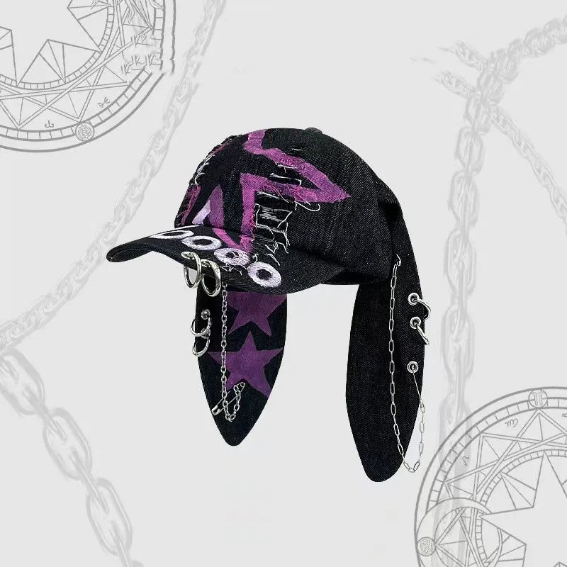 2026 New Y2k Rabbit Ears Denim Ripped Baseball Cap