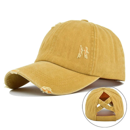 Vintage Washed Distressed Baseball Cap, Criss Cross Ponytail Hat