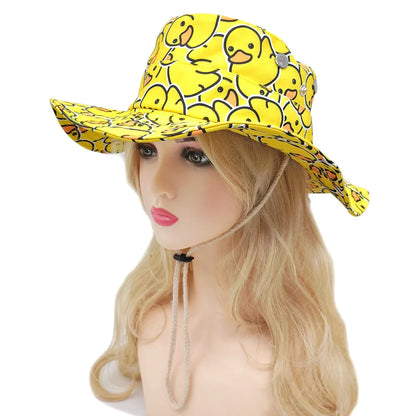 New Yellow Duck Pattern Fisherman's Hat Wide Brim Band Elastic Shrink Rope Unisex
