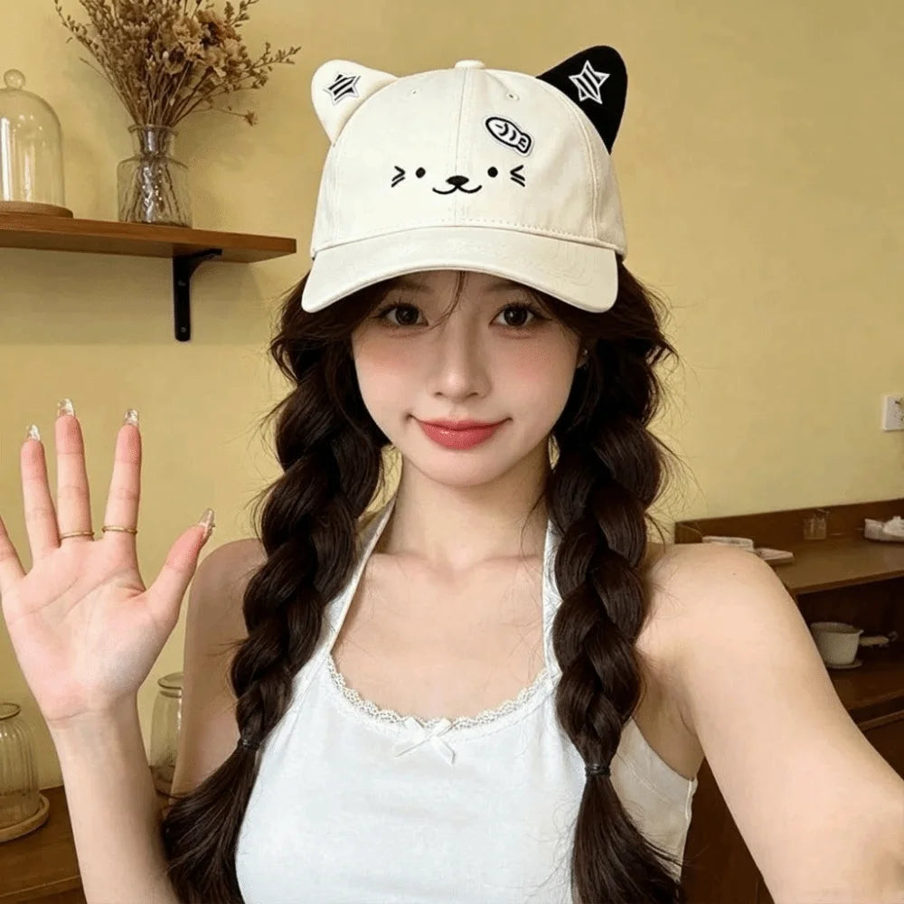 Cute Cat Ears Baseball Cap Thin Breathable Sun Hat UV Protection Adjustable Duckbill Cap Women Spring Summer