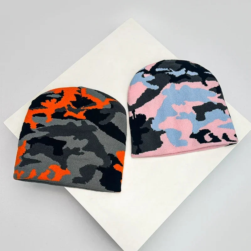 New European Style Camouflage Color Block Knitted Hats