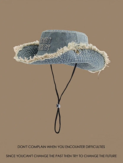Unisex Distressed Embroidered Retro Washed Rough Edge Drawstring Hat