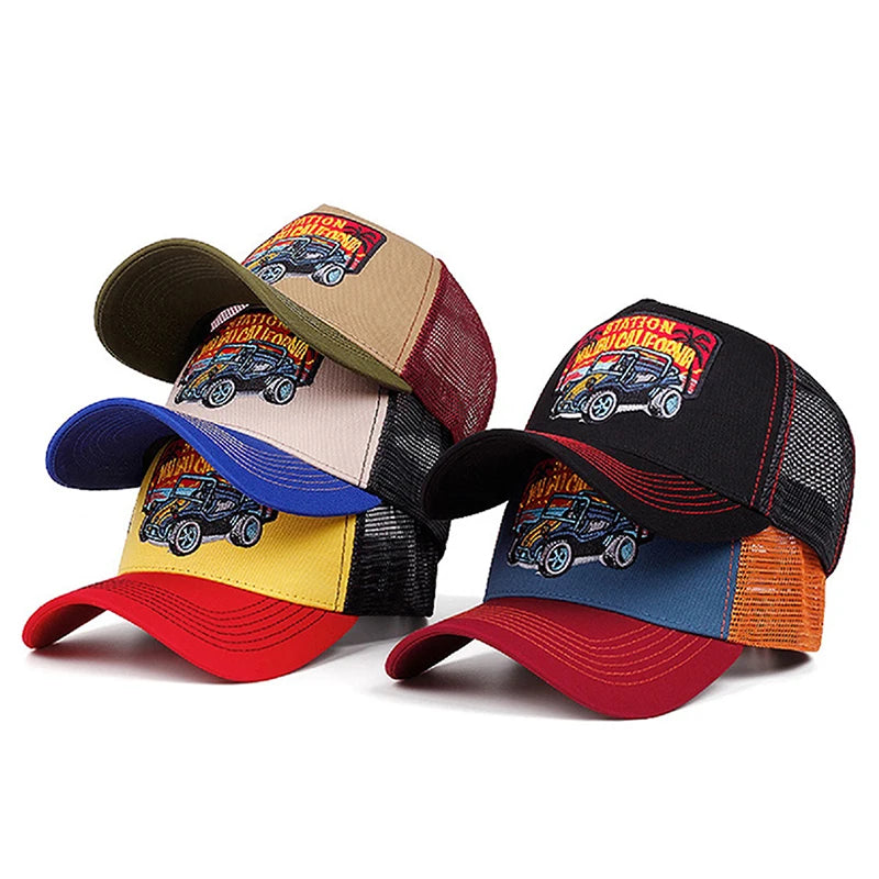 Creative Personalized Mesh Hat Coconut Tree Retro Convertible Car Embroidery Baseball Hat