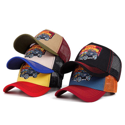 Creative Personalized Mesh Hat Coconut Tree Retro Convertible Car Embroidery Baseball Hat