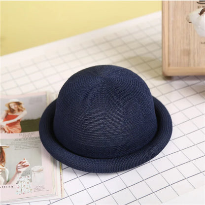 Women Straw Hat Spring Summer New Roll Brim Round Top Korean Style