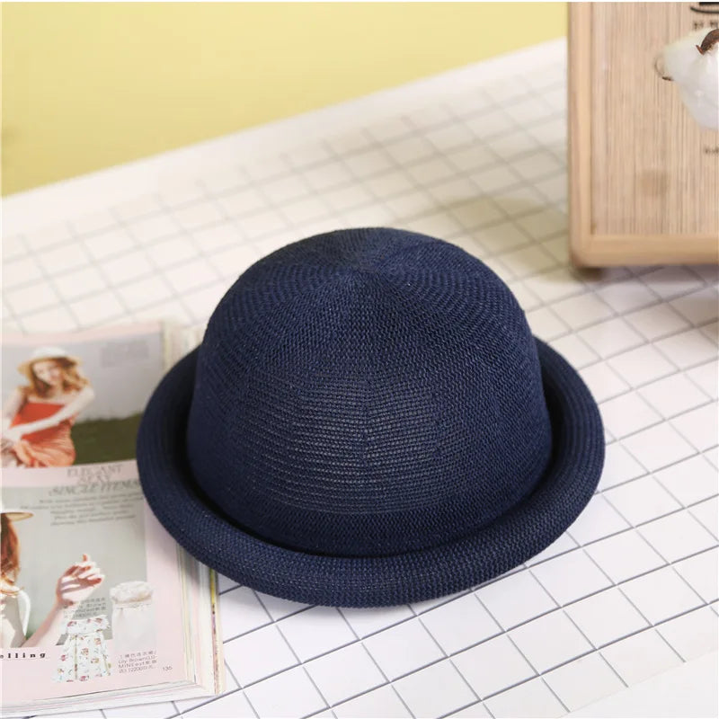 Women Straw Hat Spring Summer New Roll Brim Round Top