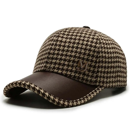 Pu Leather Brim Houndstooth Baseball Cap Face Cap Korean Style Hat